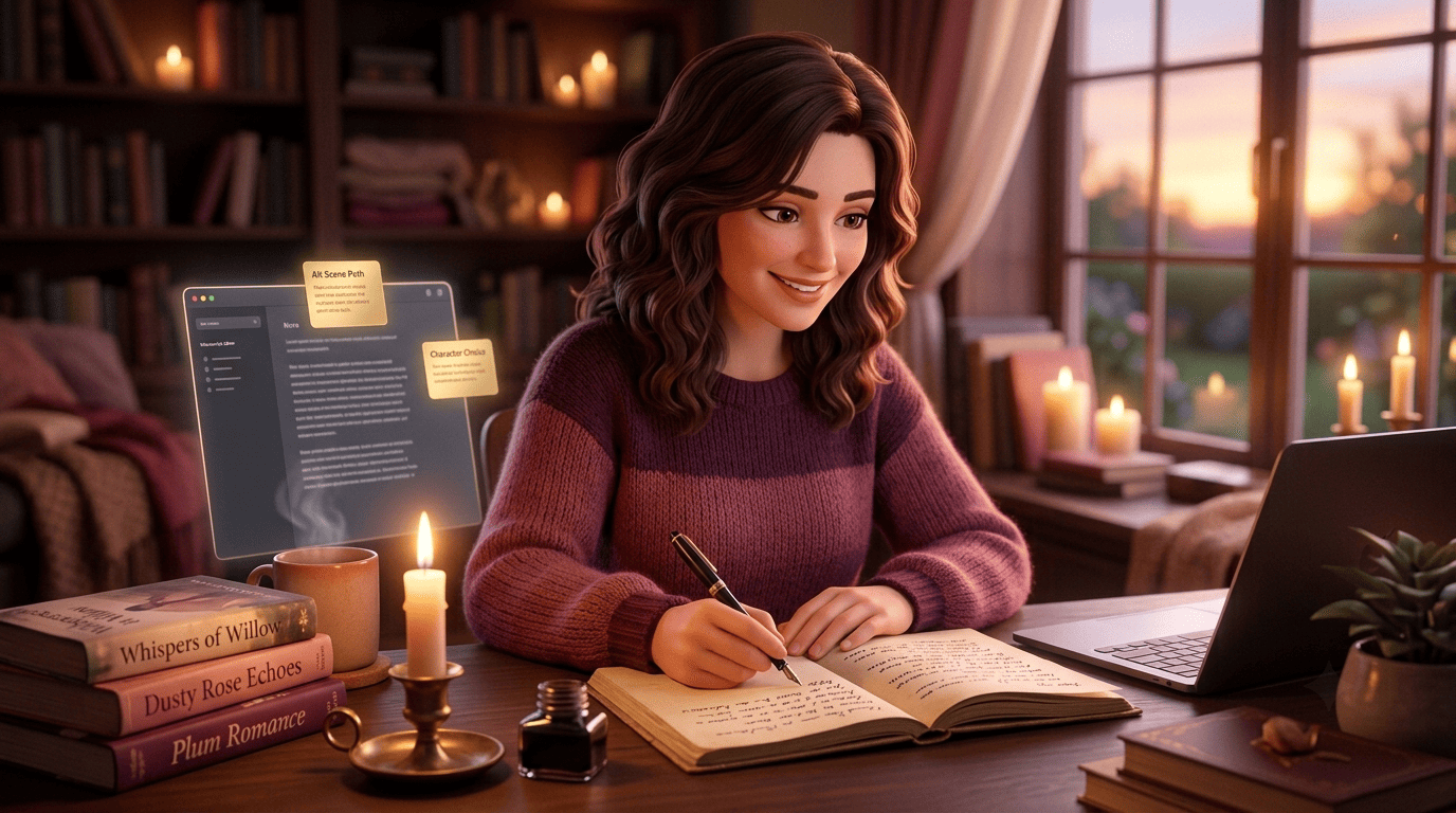 A novelist choosing among AI-suggested plot options on screen while writing in her own notebook.